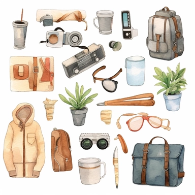 Digital stickers, travel gadgets, watercolor, clipart, aesthetic, minimalistic, neutral colors