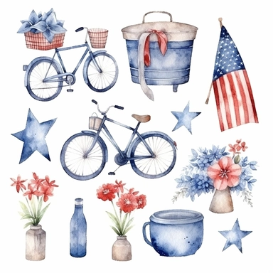 Watercolor memorial day, illustrations clipart set, simple, christmas colors , cartoon elements, different variants , , separate elements with a margin