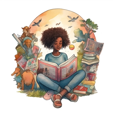 a digital watercolor illustration on a white background of an inspiring and diverse representation of a book reader, featuring black girl clipart and black girl reading clipart. The black girl is depicted as immersed in the joy of reading, surrounded by a world of imagination. She is shown sitting comfortably, perhaps in a cozy corner or under a tree, engrossed in a captivating book. The clipart should capture her enthusiasm, curiosity, and love for storytelling. Add details that showcase her un