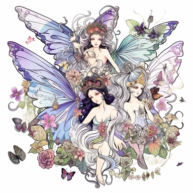 Clipart of summer fairy butterflies and flowers, in the style of watercolour, clean outline, individual, magical, enchanted,