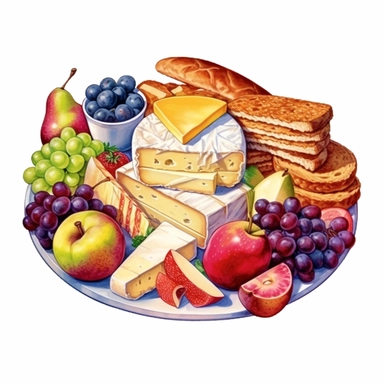 watercolor a plate of cheeses, fruits and bread, in the style of hyperrealistic illustrations, colorful collage, iconographic symbolism, warmcore, transavanguardia, cranberrycore, isometric Clipart desert cartoon t-shirt graphic, vector, contour, isolated on a white background