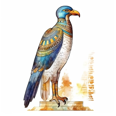 Ancient Egyptian Ra Falcon headed God figure with watercolor effect,suitable for digital clipart,white background,ancient Egypt scene,gold details
