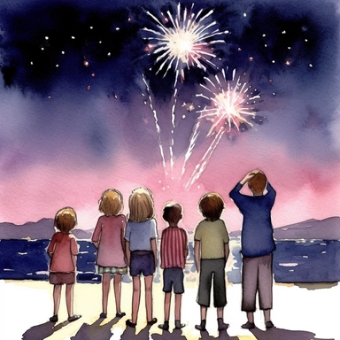 children watching fireworks ont the 4the of july, watrcolor, clipart AR 3:2