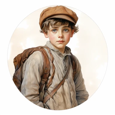 very beautiful boy with schoolbag, vintage, white background, round clipart with pastel color, detailed and lovely Renaissance painting