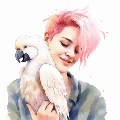 Adorable pet Cockatoo having happy moment with it's human owner, water color style, clipart, white background