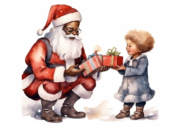 black santa bringing christmas presents to little children, watercolor clip art