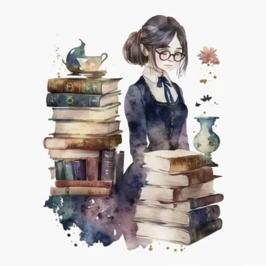 dark academia librarian girl, watercolor, clipart elements, white background