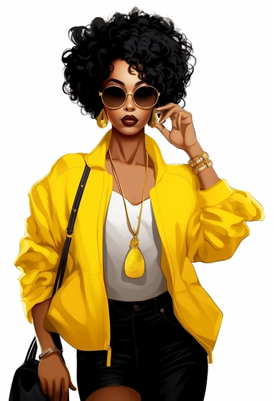 vector clipart, Boss girl clipart, Fashion illustration, African American clipart, Look Clipart, Fashion clipart, Black woman clipart, yellow toned, royal, cartoon, painting