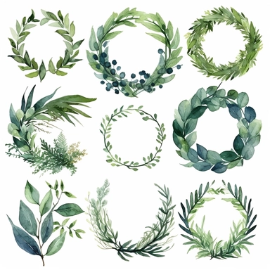 watercolor clipart, wreath greenery, sprigs, branches, leaves, extremely detailed