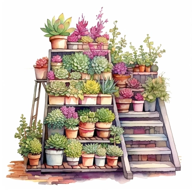 watercolor, hyper realistic, white background, white margins, 16k, ultra detailed clipart, cut out image, hand-drawn rooftop garden with a mix of succulents and colorful flowers in pots, with shades of bright green and pops of pink, purple and yellow.