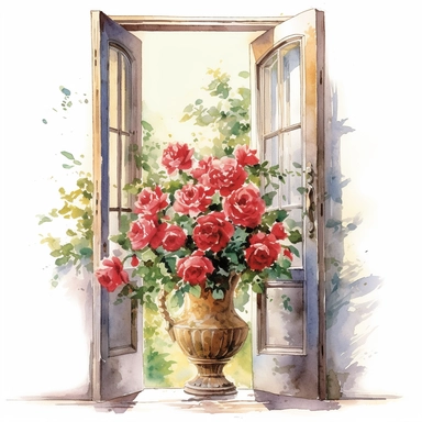 Bouquet of beautiful large red roses in transparent vase, standing in front of the the french door open to the french south of france garden, clipart, watercolor Illustration, Sublimation graphics, by Beatrix Potter, single design, print on demand image, PNG transparent background, white background, 8k