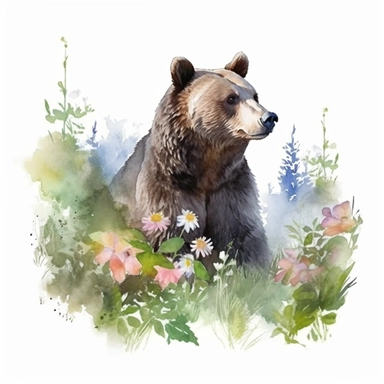 detailed watercolor clipart, photography style, beautiful bear, in a meadow, HDR, spring floral,self shadow, white background