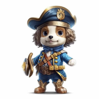 Adorable cute fantasy baby dog dressed like musketeer standing in dynamic pose,front view,fullbody,sharp through out,happy expression, nursery art, clipart image, lineart image, white background, very detailed, 8k, composition wide shot