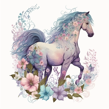 A horse clipart design for girls with a soft and girly color palette of pastel colors like pink, purple and blue to create a dreamy atmosphere. The horse itself is majestic and has a long flowing tail and mane that move in the wind. Flowers and butterflies surround the horse and give the design a romantic touch