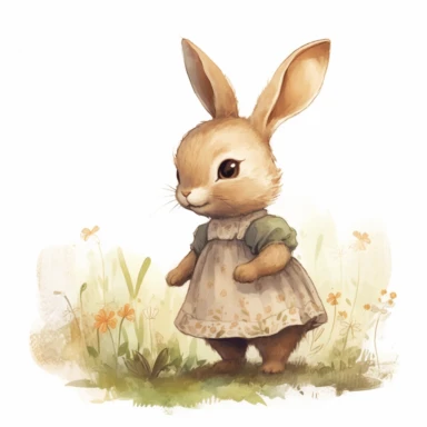 watercolour clipart illustration of cute shy modest baby bunny looking to the left wearing a beautiful detailed big vintage dress, standing in woodlands background on grass with flowers and nature on white background, in the style of hyper-realistic animal illustrations, i can't believe how beautiful this is, childlike illustrations, close up, earthy tones