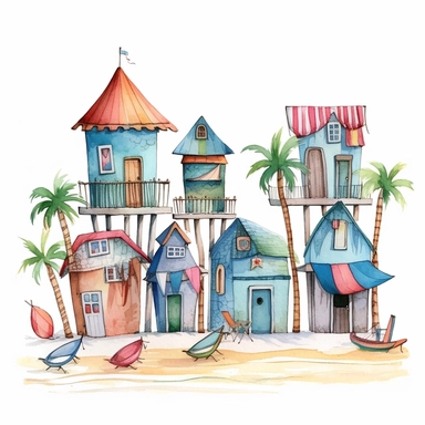 Very cute little houses, whimsical, beach scenery, bohemian style, blue sea and sand, boho style, sun beds, umbrellas, colorful stripes, palm trees, sea shore, 9 High Clipart, cute design in Michael Powell style, Watercolor Art, white background