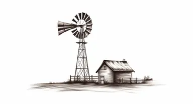 Envision a classic western windmill, standing alone against a stark white background. The windmill is a symbol of the old west, with its wooden structure and spinning blades. The medium is a clipart style, with clean lines and a minimalist aesthetic. The style is reminiscent of vintage western illustrations, with a focus on the iconic silhouette of the windmill. The lighting is neutral, with the white background providing a stark contrast to the dark outline of the windmill. The colors are monoc