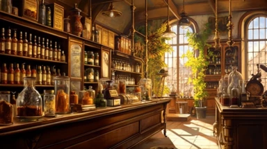 illustration, realistic interior of a vintage 1896 perfumery and pharmacy with some perfume bottle boxes incense boxes, atmospheric sunset lighting, Clipart, watercolor, realistic, full building, highly detailed, hdr, 32K, photo expert quality, watercolor realistic, hyperrealistic and highly detailed