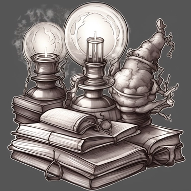 light academia, fantasy, books, black, cartoon, clipart