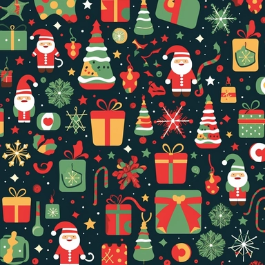 Christmas themed clipart with lots of clearly spaced icons, featuring a variety of traditional Christmas ornaments in colors that fit their real life color but including lots of holiday red and green, with Santa Claus icons. The clipart style is traditional and set against a solid color background. Shot with a Canon EOS R5 camera, the composition is tightly framed to showcase the intricate details of each ornament and icon. The perspective is straight-on, with the camera positioned at eye level 