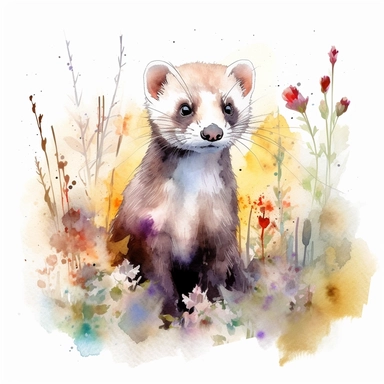 watercolor illustration of a ferret in nature clipart, in the style of realistic watercolor paintings, realistic, detailed, bright colours, white background, clipart