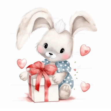 a shy baby Bunny with gifts Clipart, Peter rabbit, wearing a white nappy covered in hearts, Nursery summer Clipart, Easter Clipart, summer Bunny, Crafting Digital Paper, Mother’s Day, white background