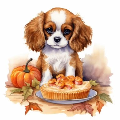 create a beautiful original high quality highly detailed watercolor clipart image of a small happy and adorable king charles cavalier puppy eating a delicious pumpkin pie with a smile, include high detail to the puppys fur and eyes, include detail to the pumpkin pie,include a fall background, include a white background, no text, no font, no words