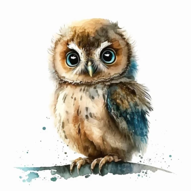Watercolor furry Baby Owl Clipart with cute face and cute big eyes with white background and clear edges with high quality detailed image