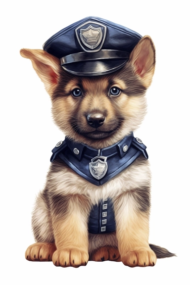 cute baby german shepherd police officer, unique, clipart, adorable, watercolor, realistic, 8k, high quality, no background