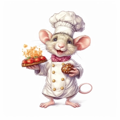Adorable cute fantasy rat dressed like a chef, nursery art, clipart image, lineart image, white background, very detailed, 8k