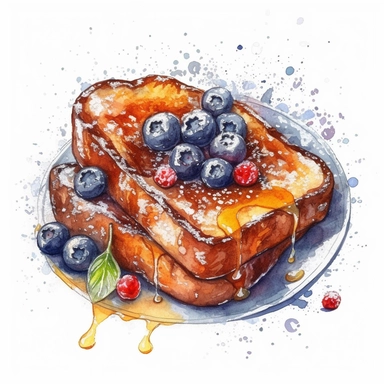 png clipart on a white background of a mesmerizing watercolor clear-lined illustration. The composition is central with a clear outline using bold and saturated complementary colors. the illustration is realistic and detailed depicting a delicious breakfast plate of French toast with powdered sugar