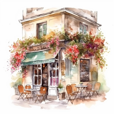 watercolor Spring Coffee shop clipart, romantic french cafe illustration, A sharp photograph of an expensive, on white background