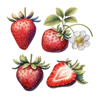 Strawberries watercolor clipart, white background, neutral muted colors, high quality, hyperrealistic, detailed, vintage, color palette red, blue, white, picnic