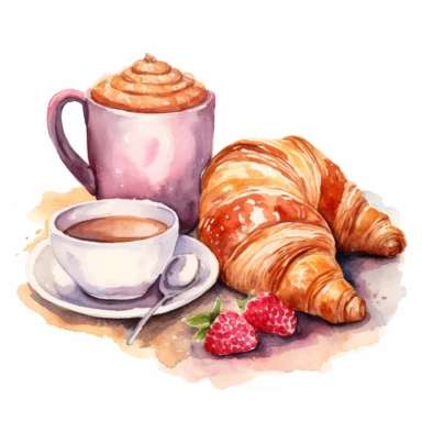 watercolor clipart crispy french croissants, visible butter, visible strawberry jam and a visible cup of coffee