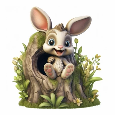 adorable bunny with bright eyes, with cute paw pads and a curious expression. peeking out from a cozy hollow in a tree trunk, surrounded by moss, mushrooms, butterflies Fairytale Cartoon Art Style, Full Body Image and Appearance, 3D-Designed Character, in style of clipart with no background