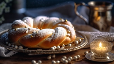 a beautifully braided white Swedish tea ring, adorned with pearl sugar and delicate almond flakes, Its softness is evident as you tear off a piece, releasing the irresistible aroma, Soft morning light dances on the table, enhancing the bread's intricate shape and highlighting its golden crust, Photo clipart, super detail, vignetting, shot with Nikon D3000,