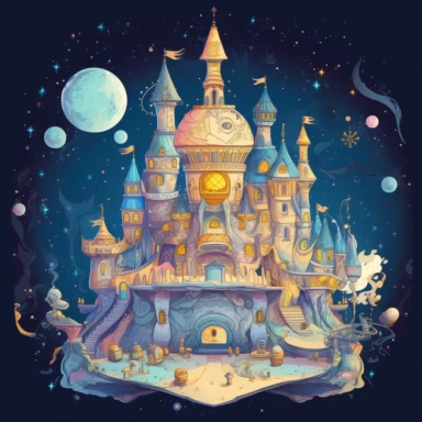 Cute fairy tale cosmic castle in form of clipart - The castle is made of a shiny, metallic material with gold accents and is surrounded by twinkling stars and planets. It has many towers and turrets, and a grand entrance with a drawbridge that leads to a large courtyard. Inside, there are many rooms filled with wonders and treasures from different parts of the galaxy
