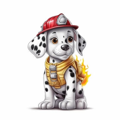 Adorable cute fantasy dalmatian dog dressed like a firefighter, nursery art, clipart image, lineart image, white background, very detailed, 8k