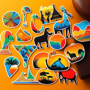 vibrant clipart sticker for Ankhara Designs that capture the vibrant and authentic spirit of African culture. The stickers should include a variety of elements, such as tribal patterns, animals, and symbols, that represent the diversity and richness of African heritage. Use bold and bright colors to make the stickers pop and give them a playful and joyful feel. Think about incorporating traditional African fabrics and textiles, such as kente, mud cloth, or Ankara prints, into the designs to furt