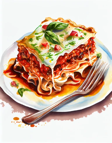 detailed watercolor lasagna on a plate with fork, realistic, isolated on white background, clipart