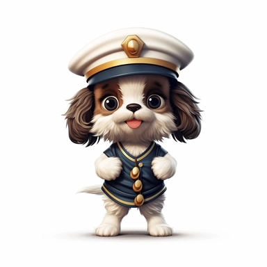 Adorable cute fantasy baby dog dressed like sailor standing in dynamic pose,front view,fullbody,sharp through out,happy expression, nursery art, clipart image, lineart image, white background, very detailed, 8k, composition wide shot