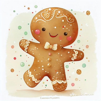 A watercolor painting of cute christmas gingerbread man, christmas gingerbread man, christmas gingerbread, cute detailed digital art, inspired by nicoletta ceccoli, by Kubisi art, whimsical and cute, by nicoletta ceccoli, cute detailed artwork, glimmering, adorable and whimsical, whimsical art, Clipart style, png style, svg style, blank white background, a solid white background
