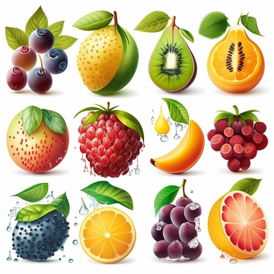 beautiful, 10 fruit stickers collection, clipart design, cartoon, 4k, white background, photo realism