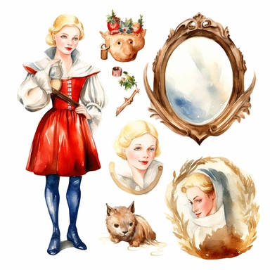 Watercolor snowwhite , illustrations clipart set, simple , cartoon elements, fairy tale theme and elements, different characters, handsome blonde prince, the huntsman, the evil queen, mirror, different variants , , separate elements with a margin