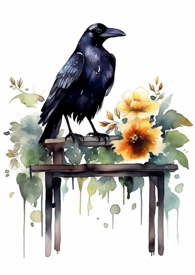Cute horror gothic raven detailed sitting on a bench with flowers and leafs, watercolor by Thomas w. schaller, clipart, solid background, black color sheme, hd