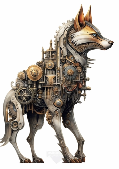 Steampunk Gray wolf clipart, realistic, Watercolor Retro Futuristic Victorian Era, art picture, full body, watercolor, multicolor, white background, lots of details, high quality - 8K,