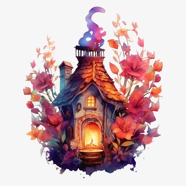 watercolor cute fire fairy flower House , wings, flame around, detailed, hd, clipart