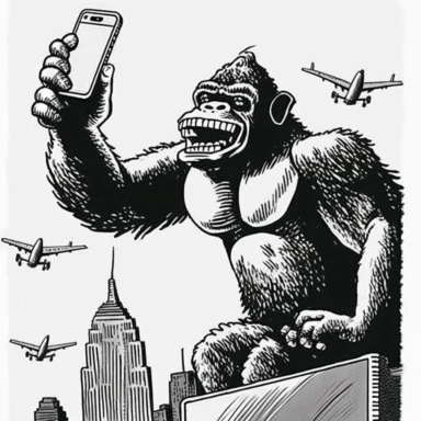 retro cartoon comic of king kong sitting on the top of the empire state building taking a selfie with an iphone, 4 vintage small retro planes flying in the background, black and white vintage art clipart illustration, white background,