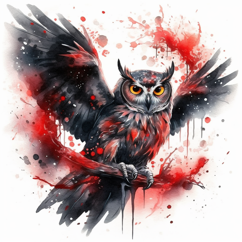 stuningly beautifull expressive dark black owl with dark red fethertips ...