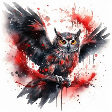 stuningly beautifull expressive dark black owl with dark red fethertips with fire folowing its wings mid move from a branch with foogy shimmering dust coming from its wings magical glow, owls clipart, fantasy forest clipart wise watercolor fairytale owl art watercolor art in front of a crescent moon highly detailed uplight in front of white background